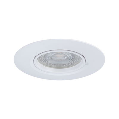 Round white recessed spotlight made of plastic with clear glass and LED light source for ceiling lighting