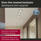 Glare-free white aluminium recessed luminaire suitable for damp rooms and covered outdoor areas with IP44 rating