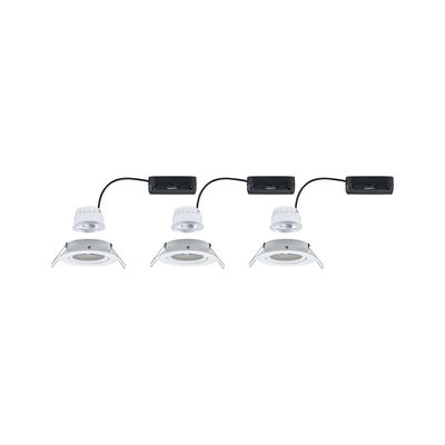 Three white LED recessed spotlights with black cables and mounting clips for ceiling installation, modern lighting