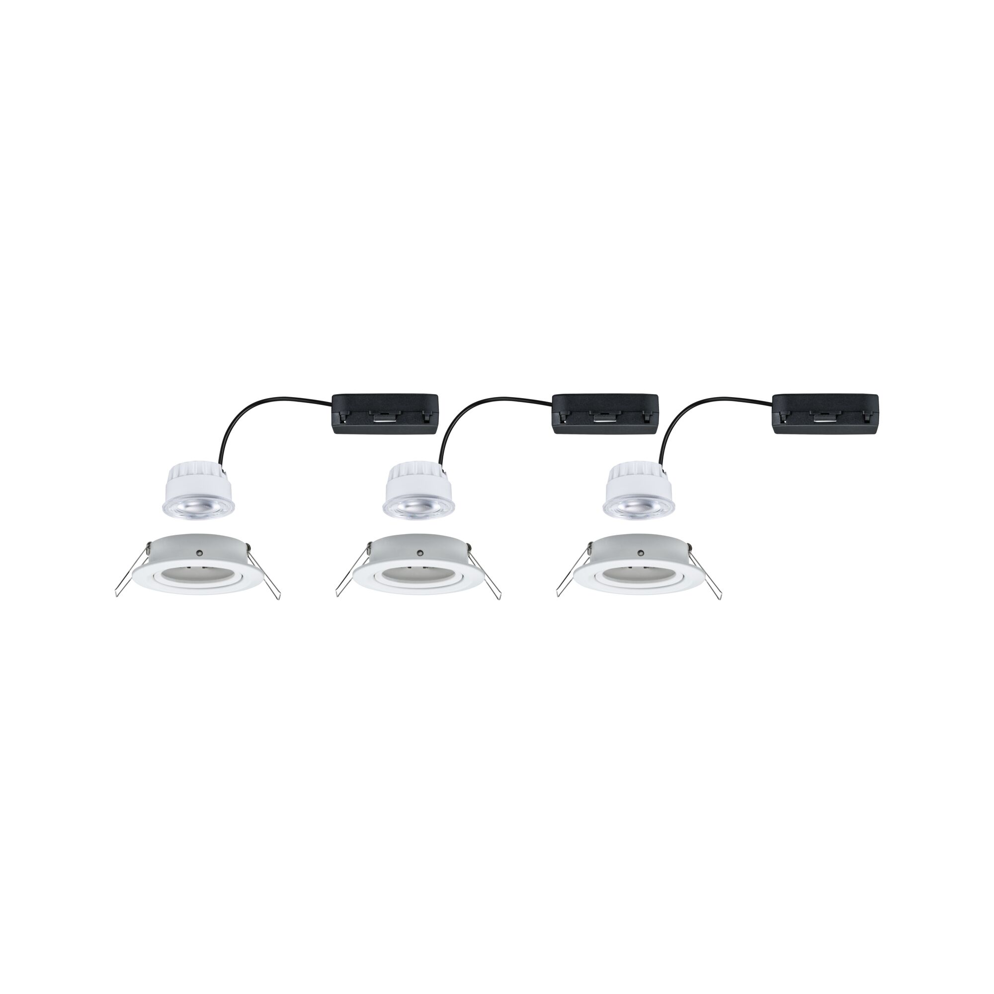 Tre hvide LED-indbygningsspots med sorte kabler og monteringsclips til loftmontering, moderne belysning