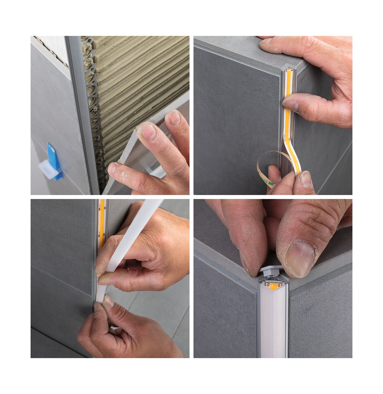 Installation of grey LED aluminum corner profile with flexible LED strip for wall lighting