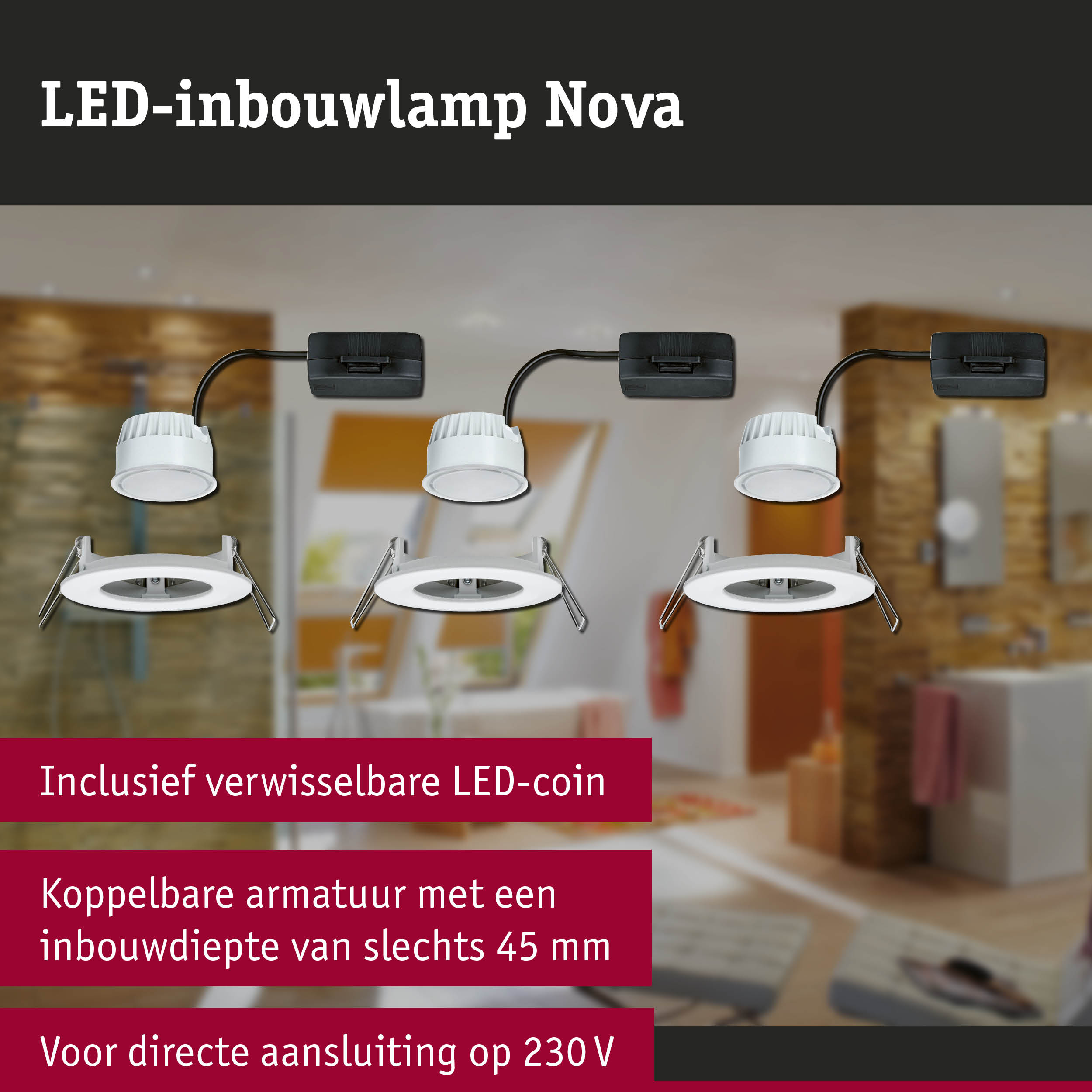 Witte LED-inbouwlamp Nova met verwisselbare LED-coin en inbouwdiepte van 45 mm