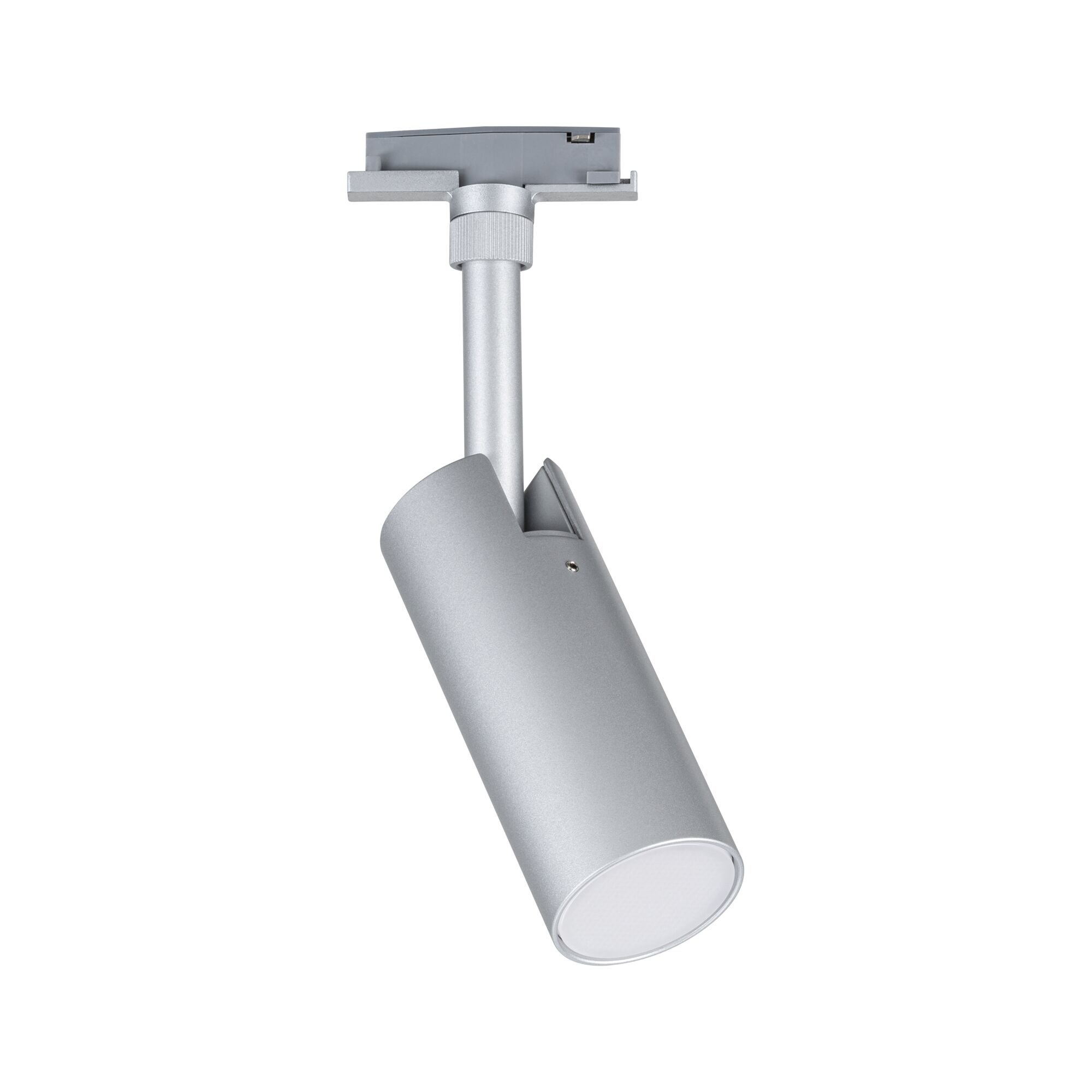 Modern silver metal LED spotlight for track systems, energy-efficient indoor lighting solution