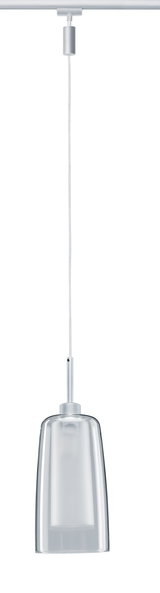 Modern pendant light with clear glass and silver metal, perfect for elegant indoor lighting solutions.
