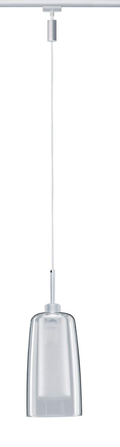 Modern pendant light with clear glass and silver metal, perfect for elegant indoor lighting solutions.