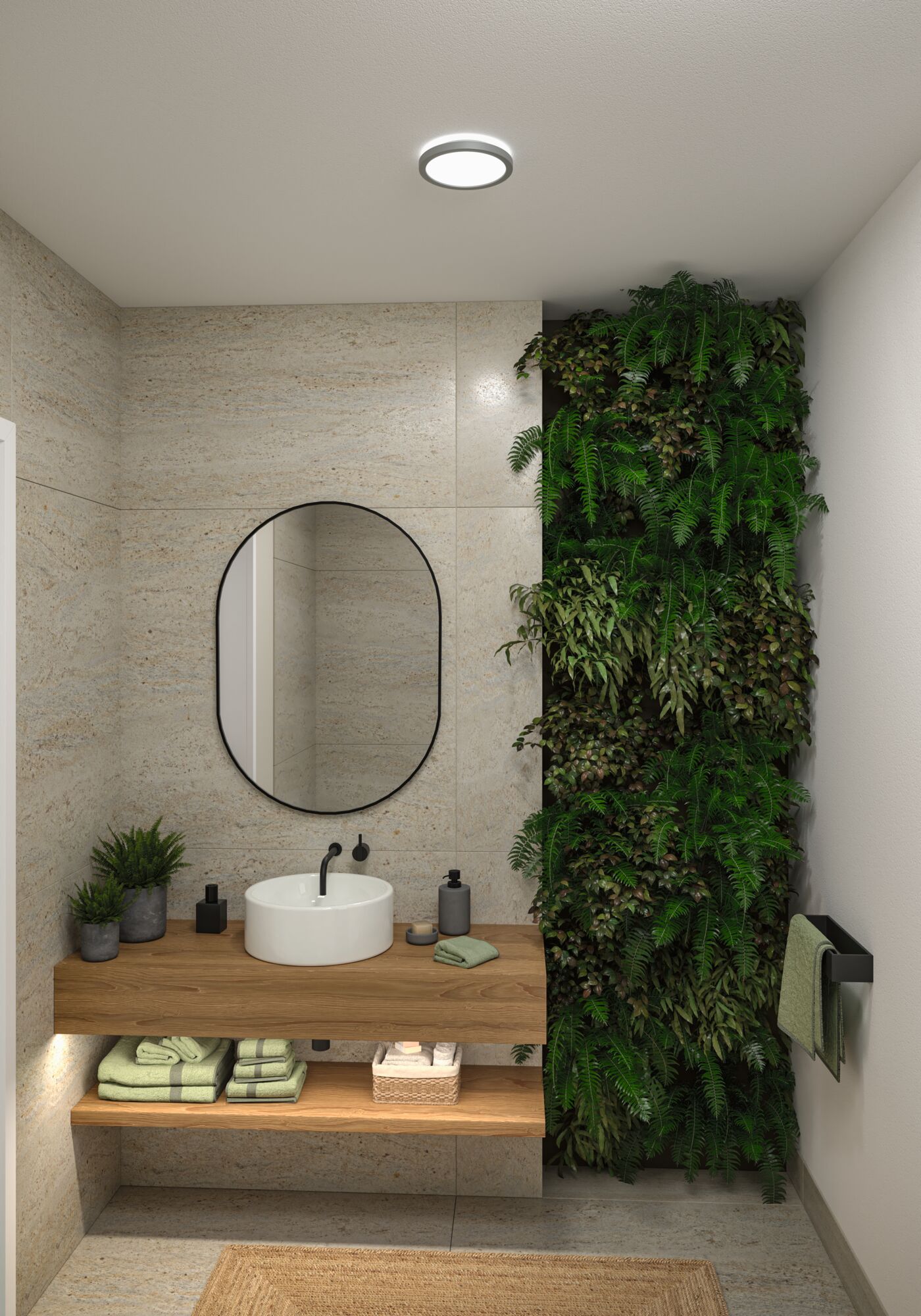 Salle de bain moderne avec miroir rond, meuble en bois et mur végétal vert pour une ambiance naturelle
