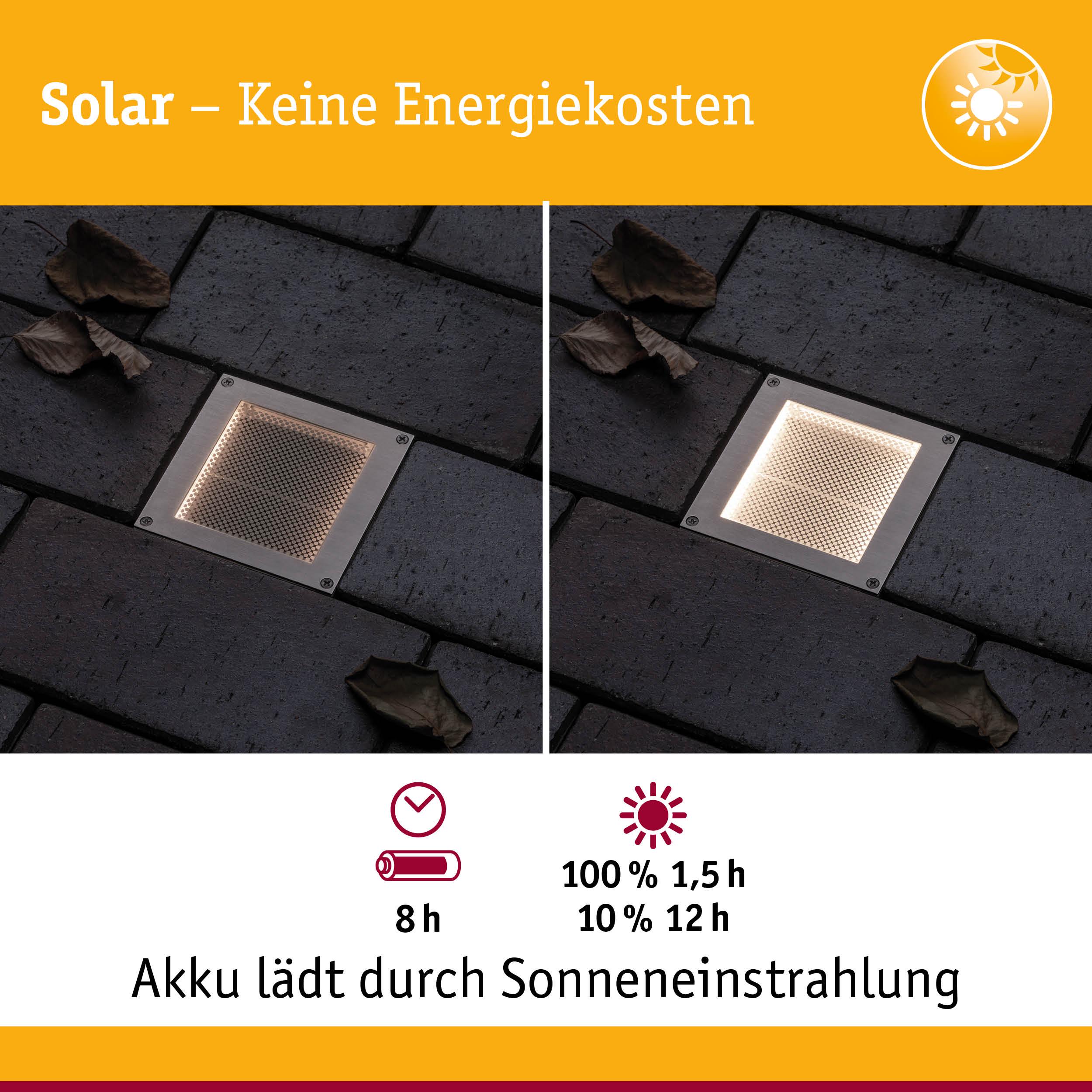 Solarbetriebene LED-Bodeneinbauleuchte aus Edelstahl mit warmweißem Licht und Akku-Ladeanzeige