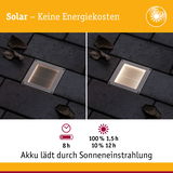 Solarbetriebene LED-Bodeneinbauleuchte aus Edelstahl mit warmweißem Licht und Akku-Ladeanzeige
