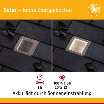 Solarbetriebene LED-Bodeneinbauleuchte aus Edelstahl mit warmweißem Licht und Akku-Ladeanzeige