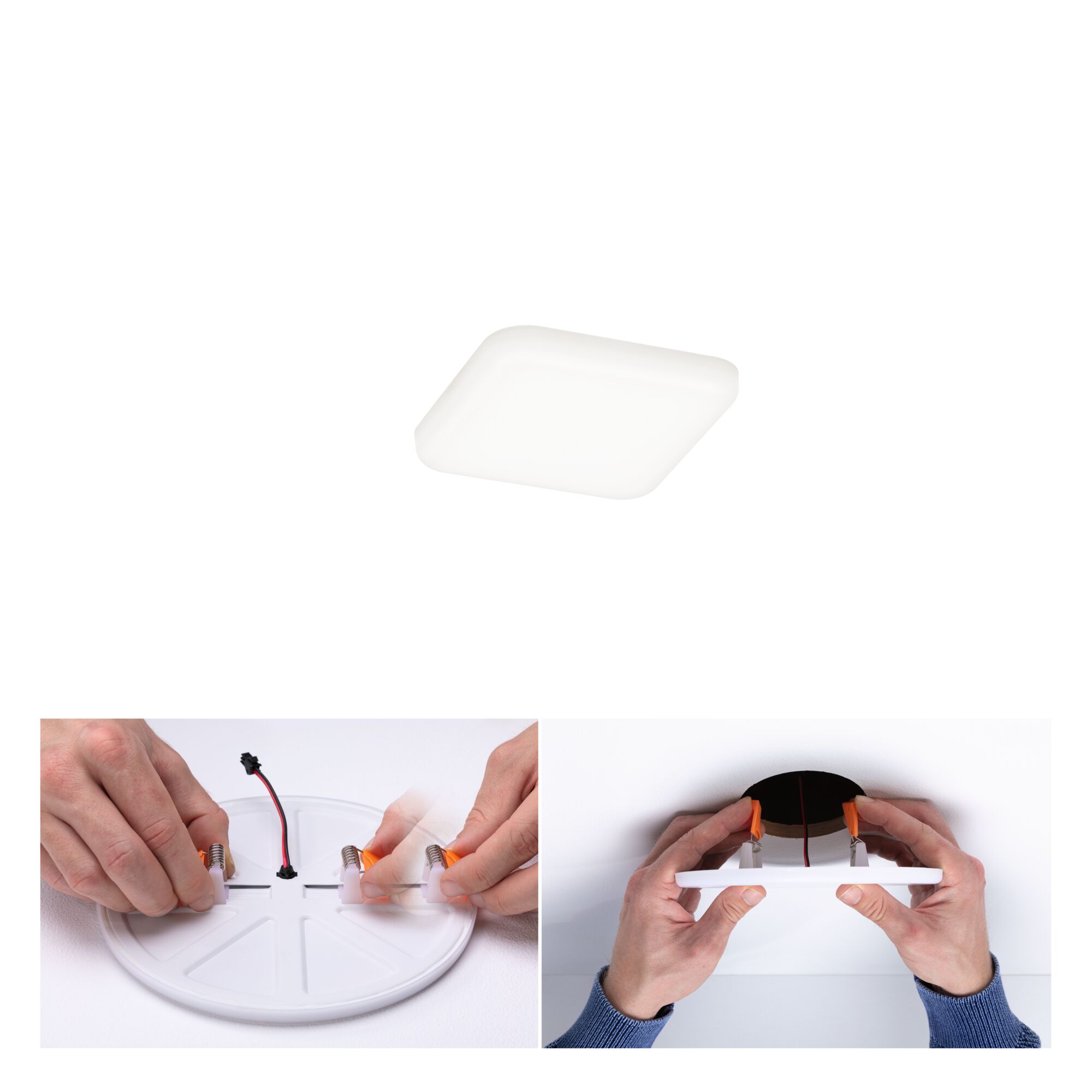 Weißes quadratisches LED-Deckenlicht aus Kunststoff mit Montageanleitung und Anschlussdetails