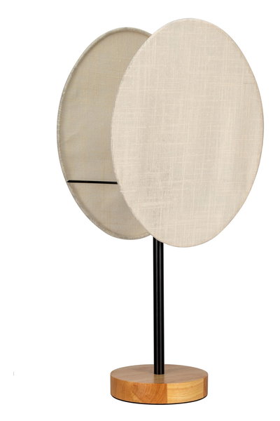 Modern round table mirror with black metal stand and wooden base, cream fabric frame