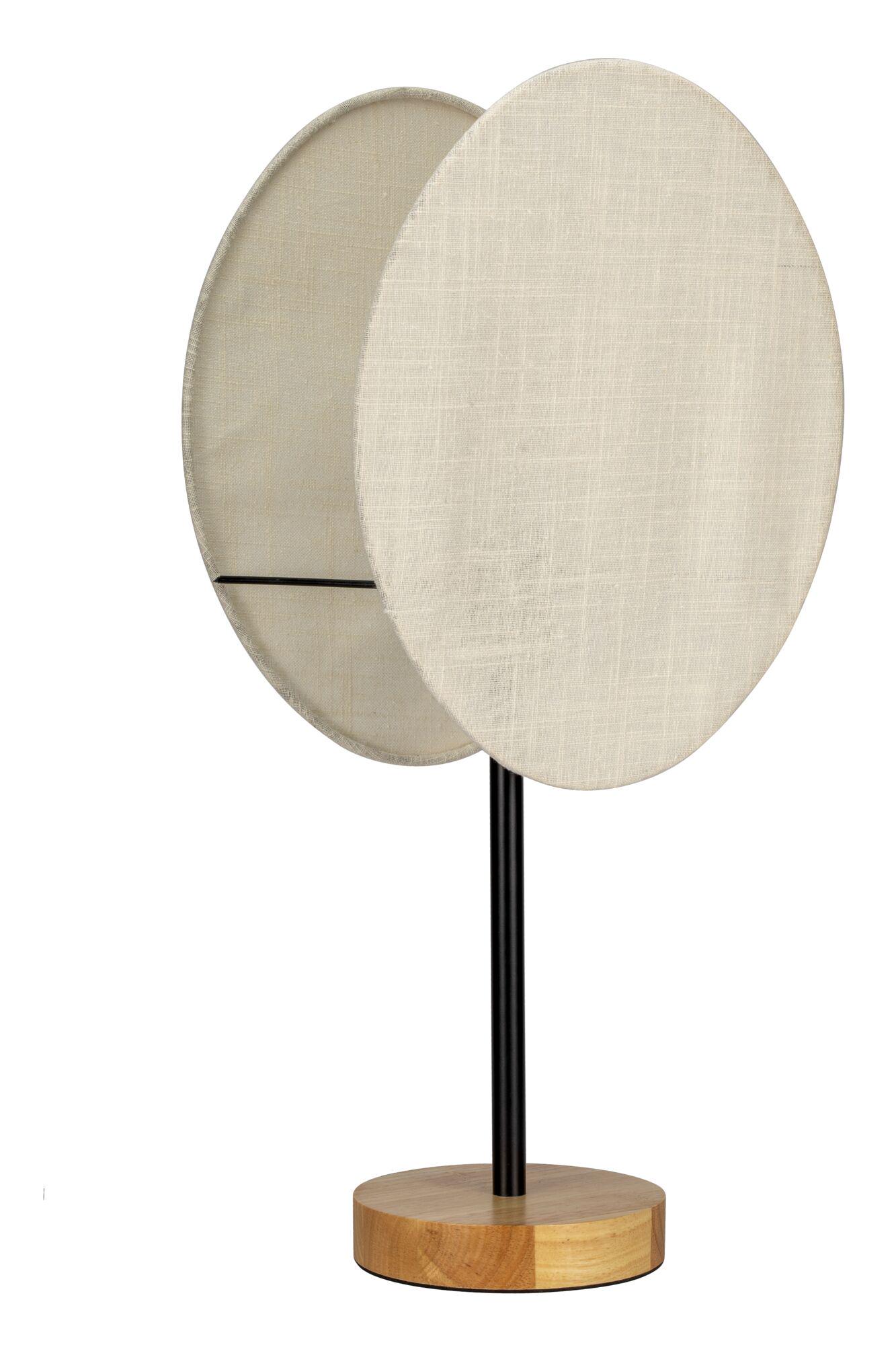 Moderner Tischventilator mit rundem beigem Stoffschirm, schwarzem Stab und Holzfuß für Wohnräume.