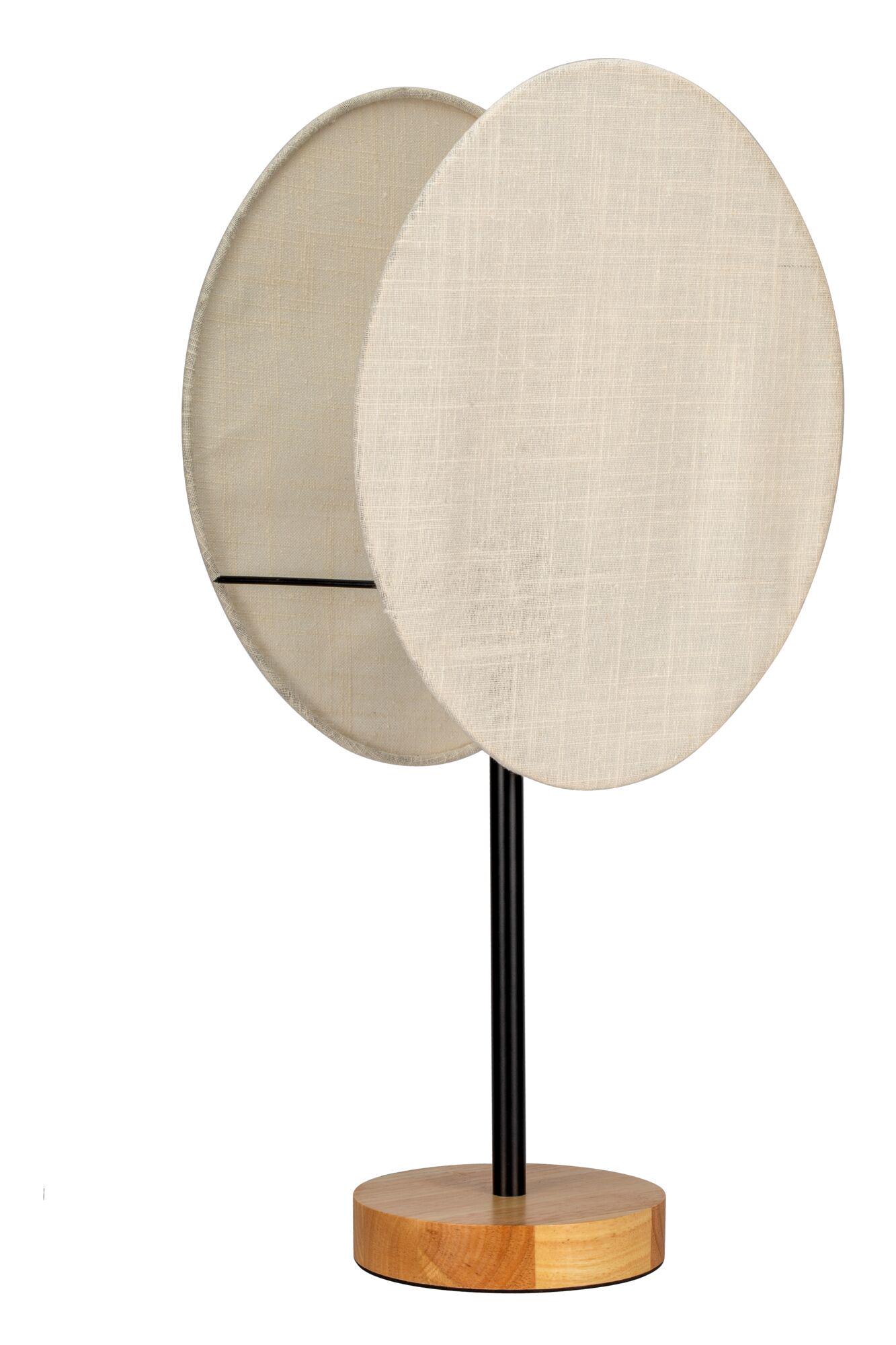 Modern table mirror with black metal stem, wooden base and beige fabric frame for home decor