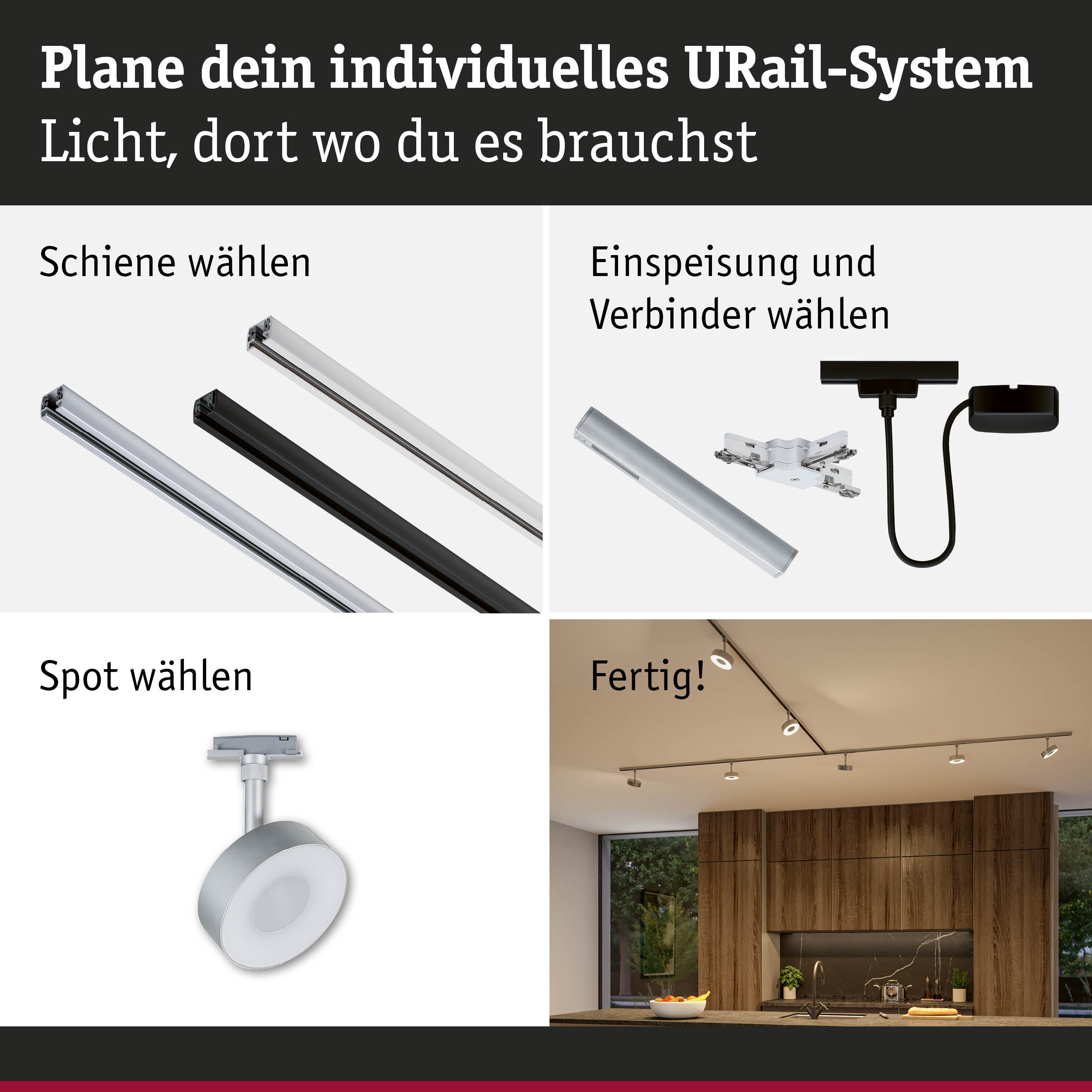 Modulares URail-Schienensystem in Schwarz und Weiß mit Spots für individuelle LED-Beleuchtung.