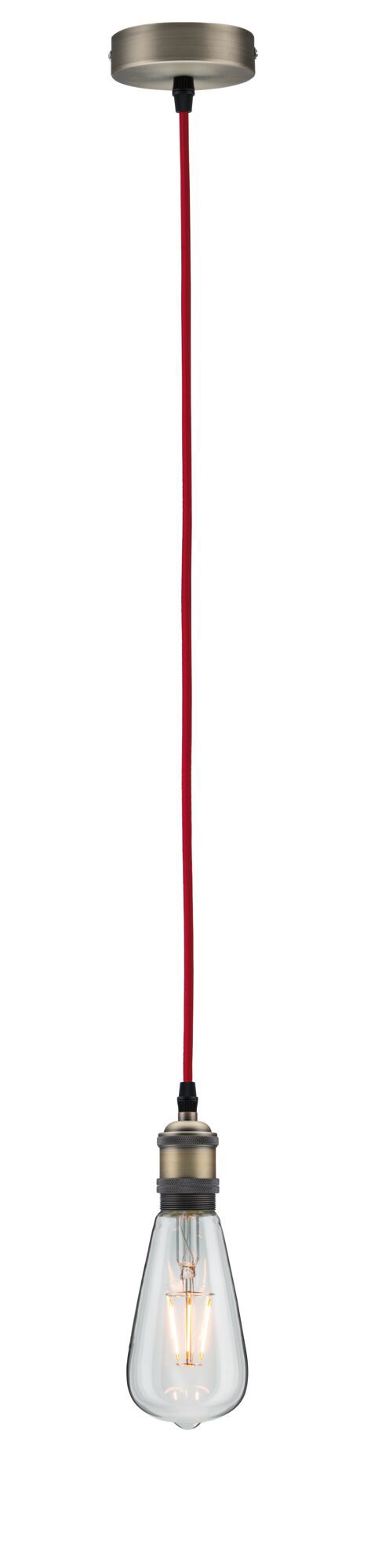 Hanglamp met rode stoffen kabel en antiek messing metalen fitting met zichtbare lamp