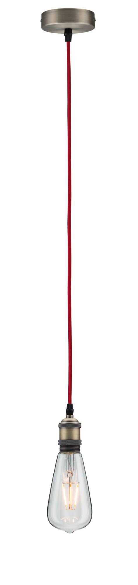 Lampa wisząca z czerwonym kablem tekstylnym, mosiężnym uchwytem i przezroczystą żarówką vintage