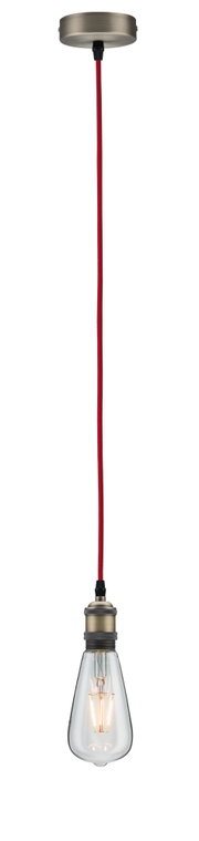 Lampa wisząca z czerwonym kablem tekstylnym, mosiężnym uchwytem i przezroczystą żarówką vintage