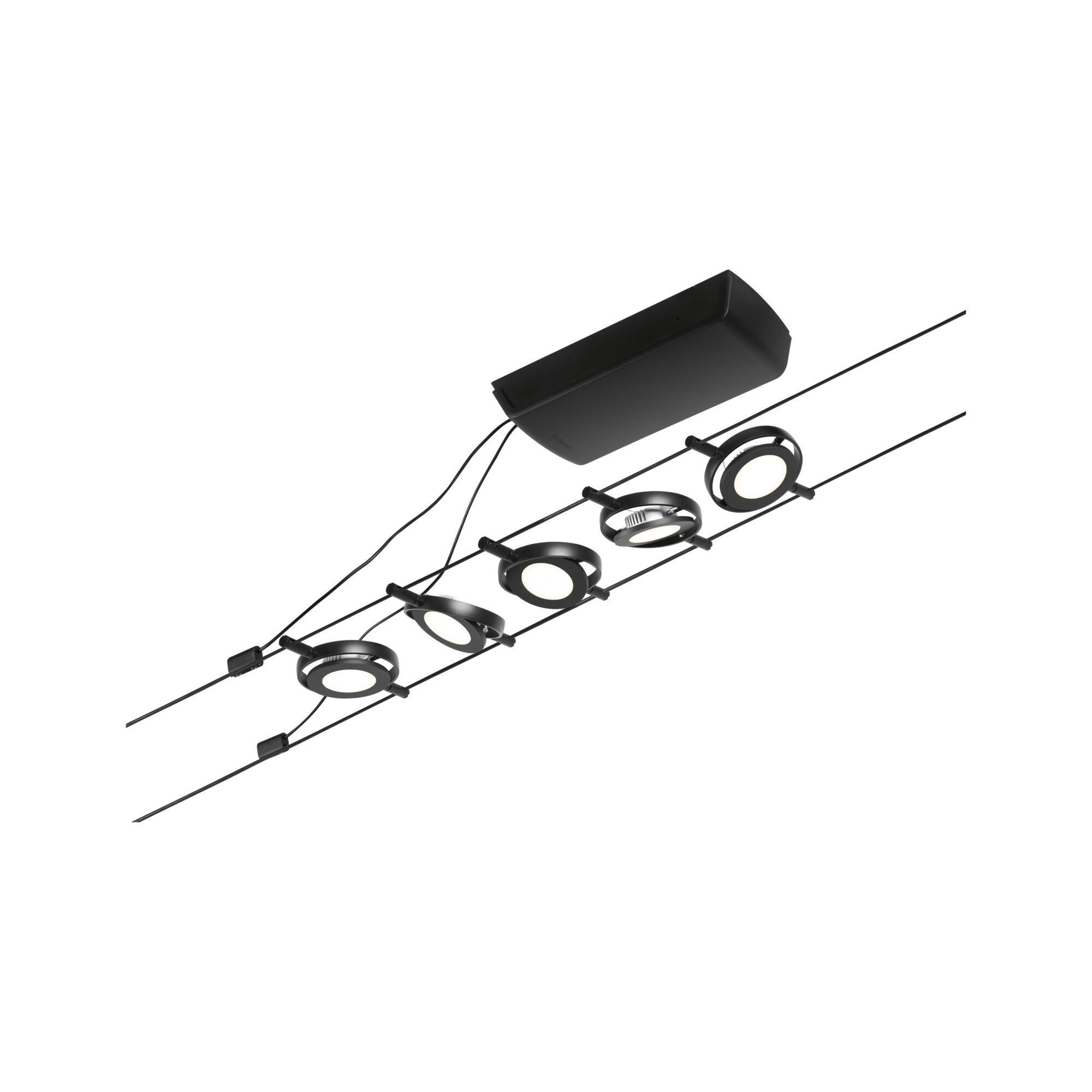 Black LED cable system with five round spotlights and control unit for modern room lighting.