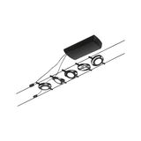 Black LED cable system with five round spotlights and control unit for modern room lighting.