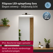 Filigraan zwarte LED-spiegellamp Sava met IP44 bescherming, ideaal voor wandmontage in badkamer