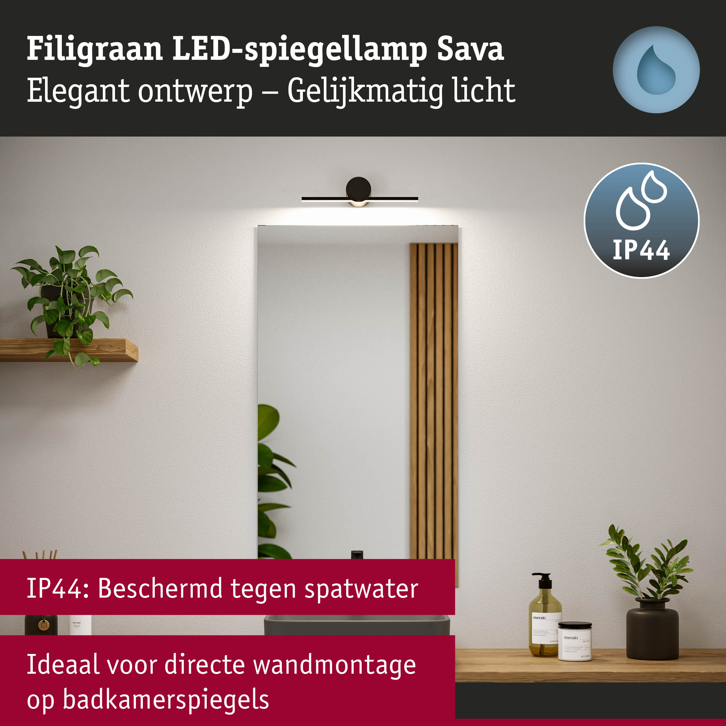 Filigraan zwarte LED-spiegellamp Sava met IP44 bescherming, ideaal voor wandmontage in badkamer