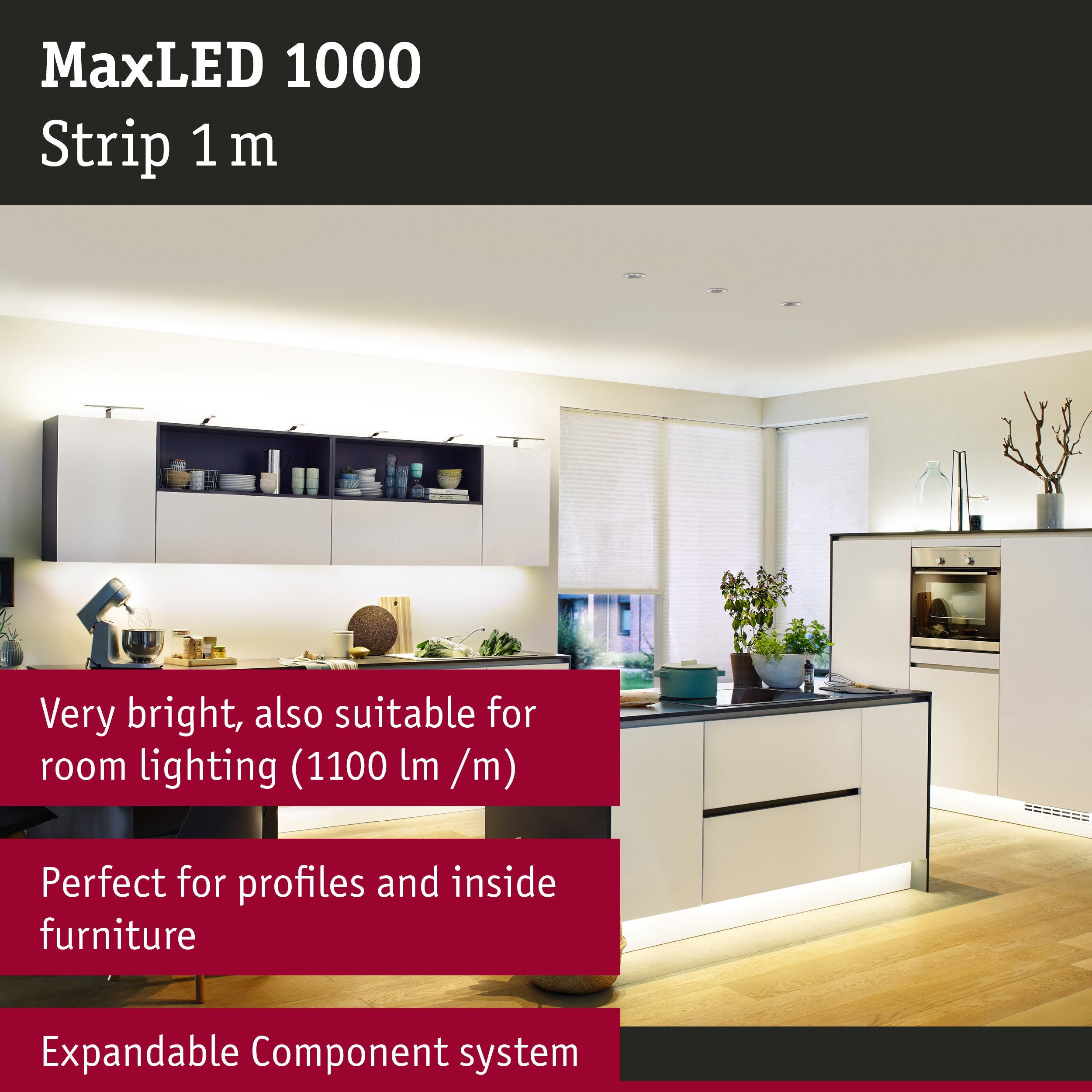 Modern kitchen illuminated by MaxLED 1000 LED strip providing bright room and furniture lighting