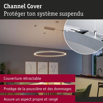 Luminaire suspendu LED rond argenté avec couverture rétractable protégeant contre la poussière