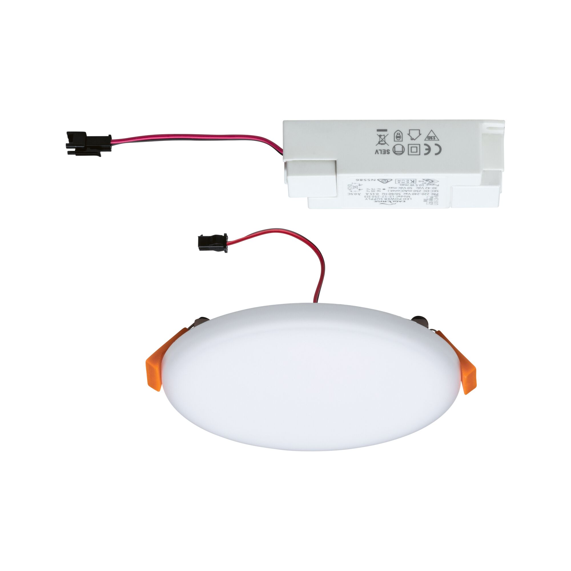 Round LED recessed panel with white plastic housing and orange clips for energy-efficient lighting solutions