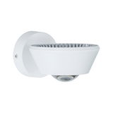 Moderne witte metalen LED-wandspot met helder glas en koelribben voor binnenverlichting