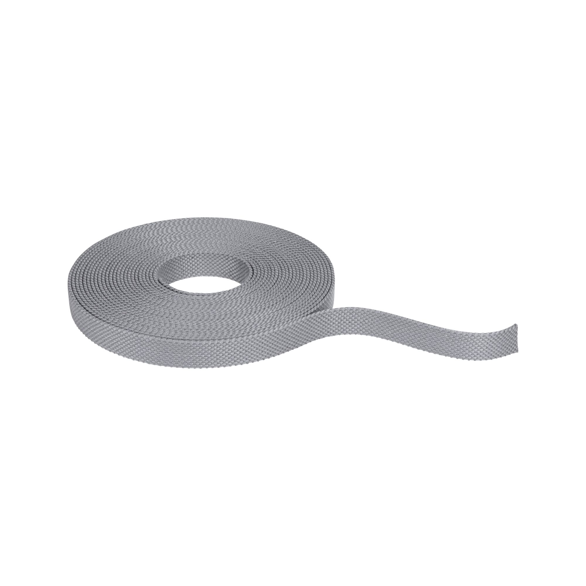 Grey textured textile tape rolled up, versatile for fastening and decorative uses in home projects