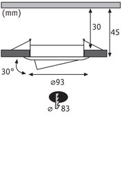 Technical drawing of recessed spotlight with 93 mm diameter and 30-degree tilt, dimensions in mm.