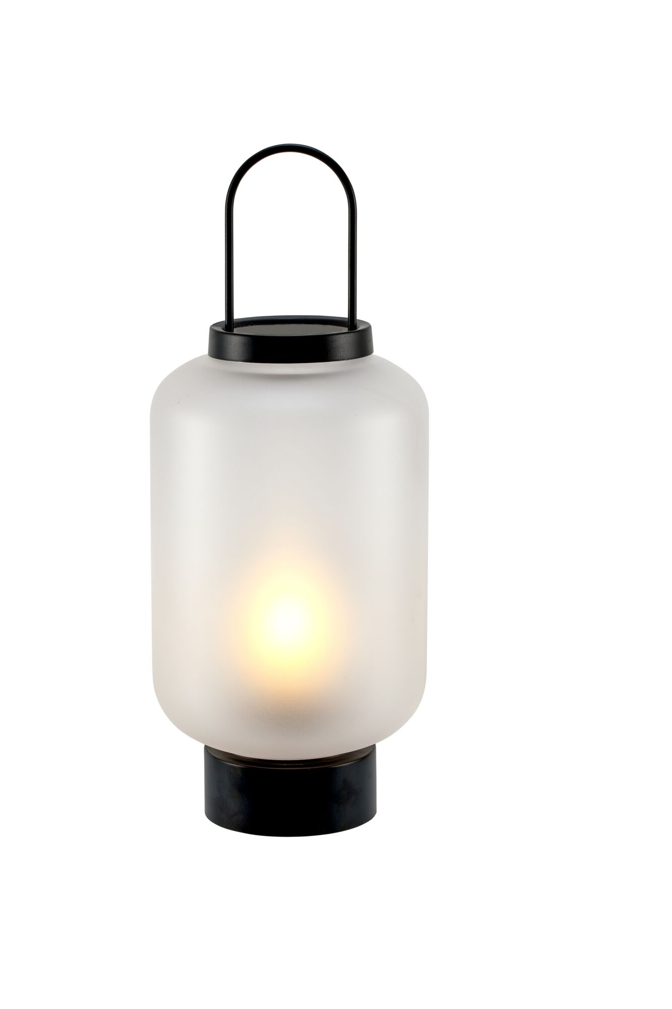 Moderne Tischlaterne aus mattiertem Glas mit schwarzem Metallgriff und warmweißem Licht für Wohnräume