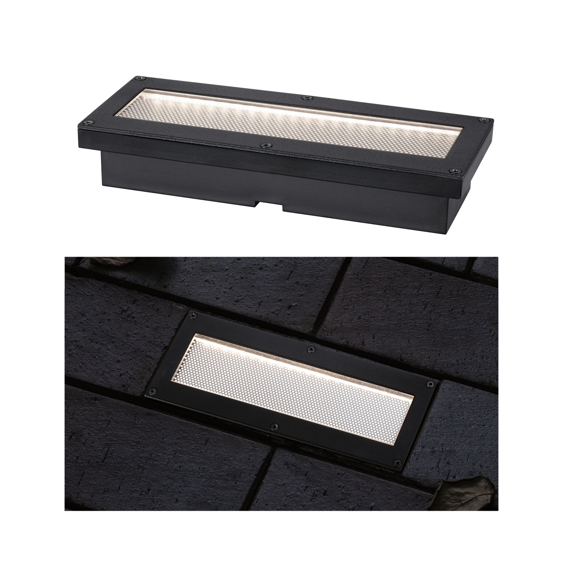 Black metal LED recessed floor light with rectangular design and warm white illumination for outdoor use