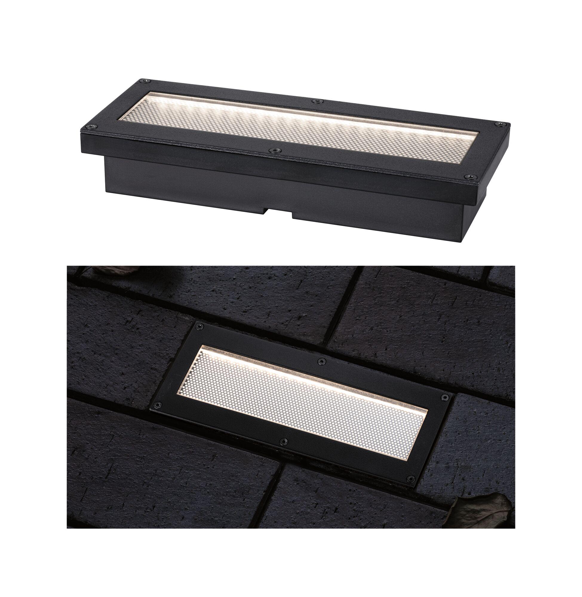 Rectangular black metal LED recessed floor light with warm white illumination for outdoor use