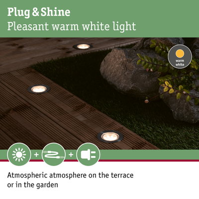 Plug & Shine LED recessed lights with warm white light for terrace and garden lighting