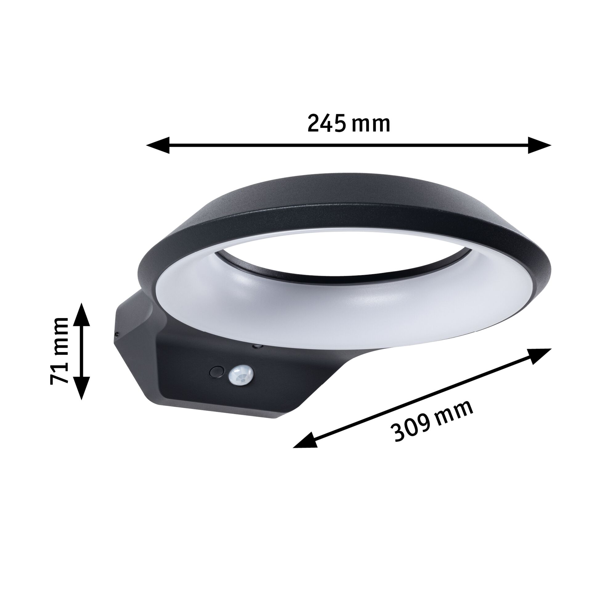 Schwarze LED-Außenwandleuchte mit Bewegungsmelder und weißem Diffusor, Maße 245x309x71 mm