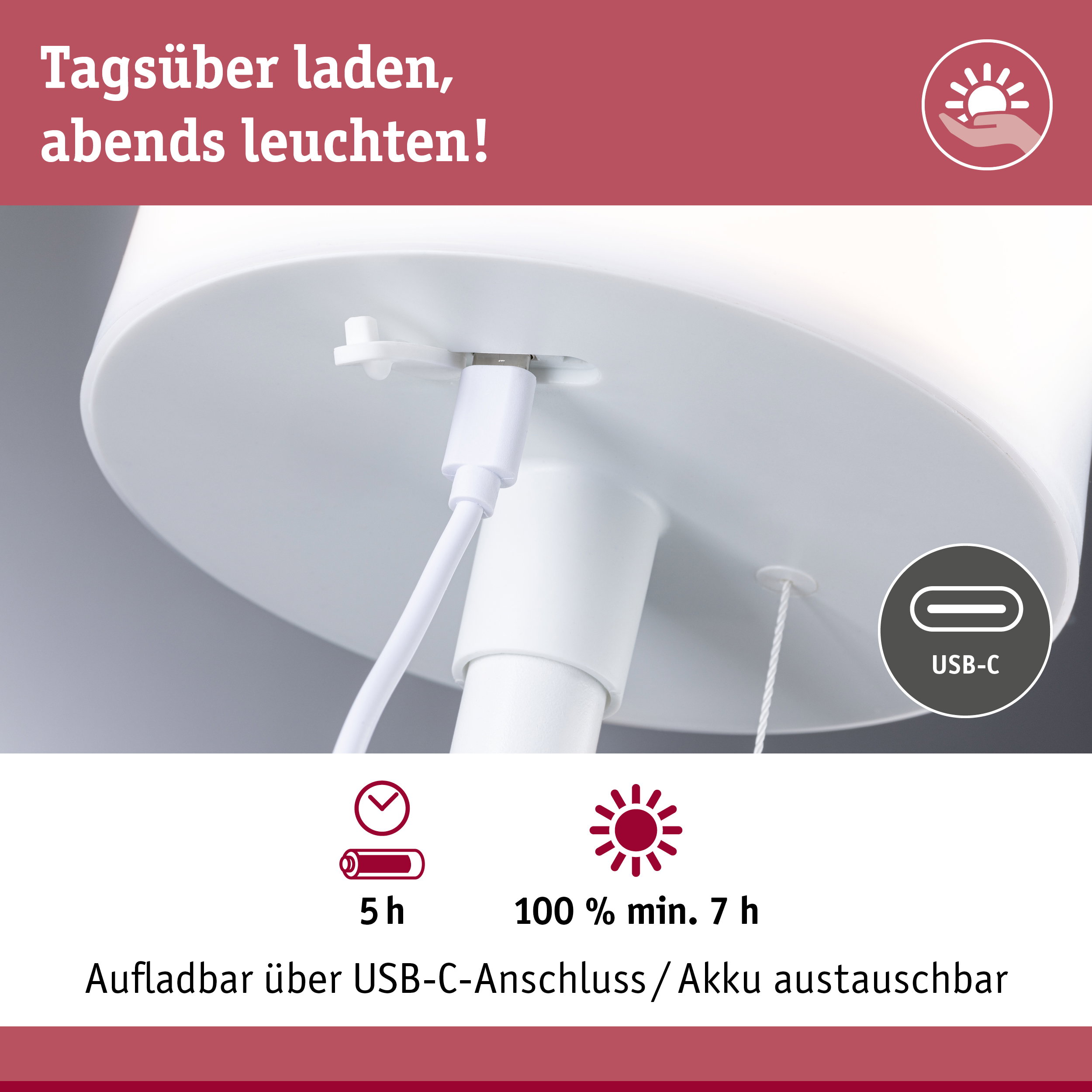 Weißer Lampenfuß mit USB-C-Ladekabel, Akku austauschbar, 5 Stunden Laufzeit, 100% Ladung in 7 Stunden