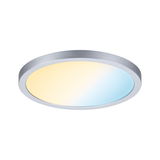 Round LED ceiling light with silver aluminum frame, dimmable warm and cool white for living spaces