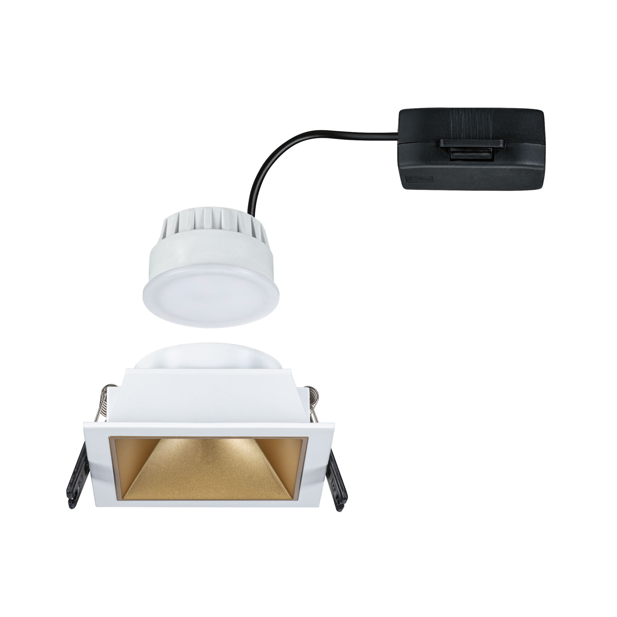 Quadratischer Einbaustrahler mit weißem Gehäuse und goldfarbenem Reflektor, LED-Einbaulampe mit Anschlussbox