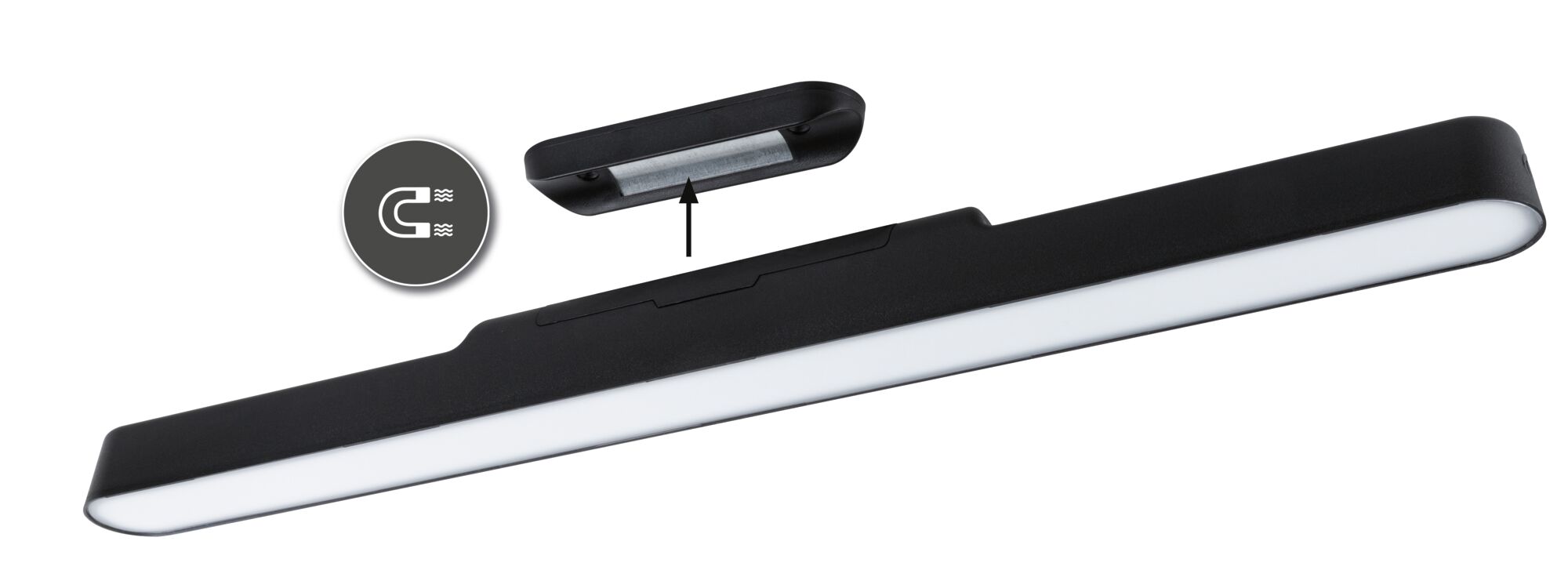 Schwarze LED-Unterbauleuchte mit magnetischer Halterung und weißem Diffusor für moderne Beleuchtung