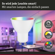 Weiße smarte LED-Lampe mit GU10 Sockel, dimmbar und RGBW Farbwechsel für Wohnraumbeleuchtung