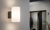 Modern wall lamp with white glass shade and black metal mount for indoor lighting.