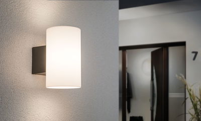 Modern wall lamp with white glass shade and black metal mount for indoor lighting.