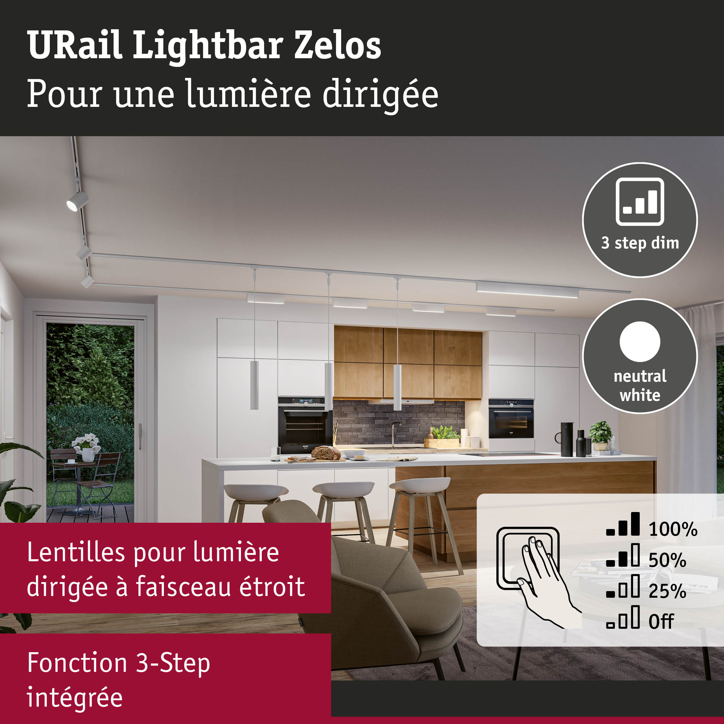 URail Lightbar Zelos éclairage LED blanc sur rail avec fonction 3-step dim pour lumière dirigée