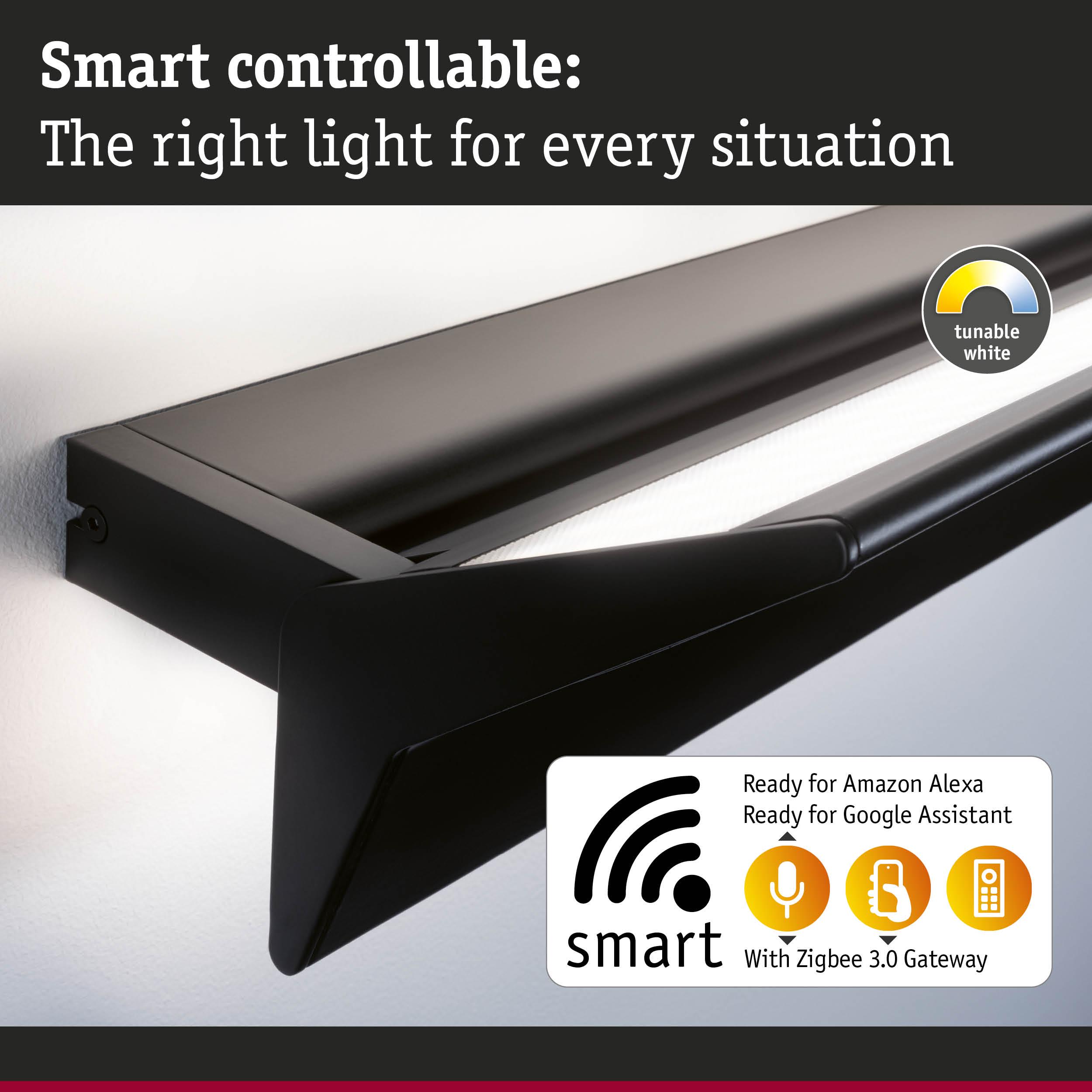 Black smart LED wall light with tunable white light, compatible with Alexa and Google Assistant