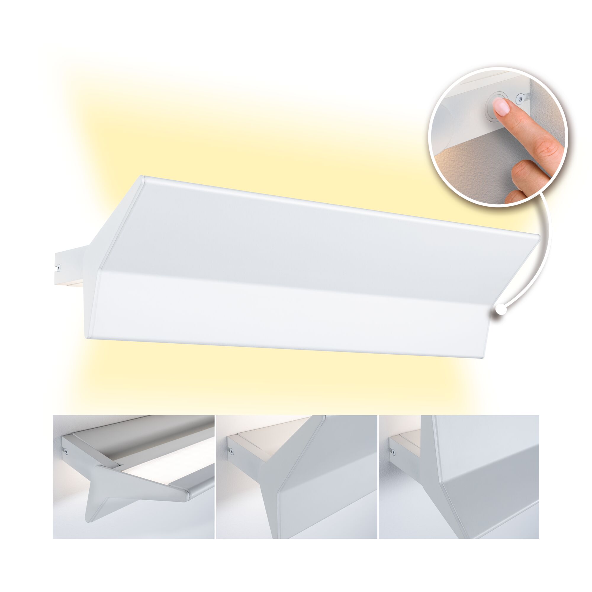 Weiße LED-Wandleuchte aus Metall mit integriertem Schalter und warmweißem Licht für Wohnräume.