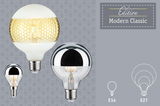 Modern Classic Edition light bulbs in various sizes with silver and gold coating for E14 and E27 sockets