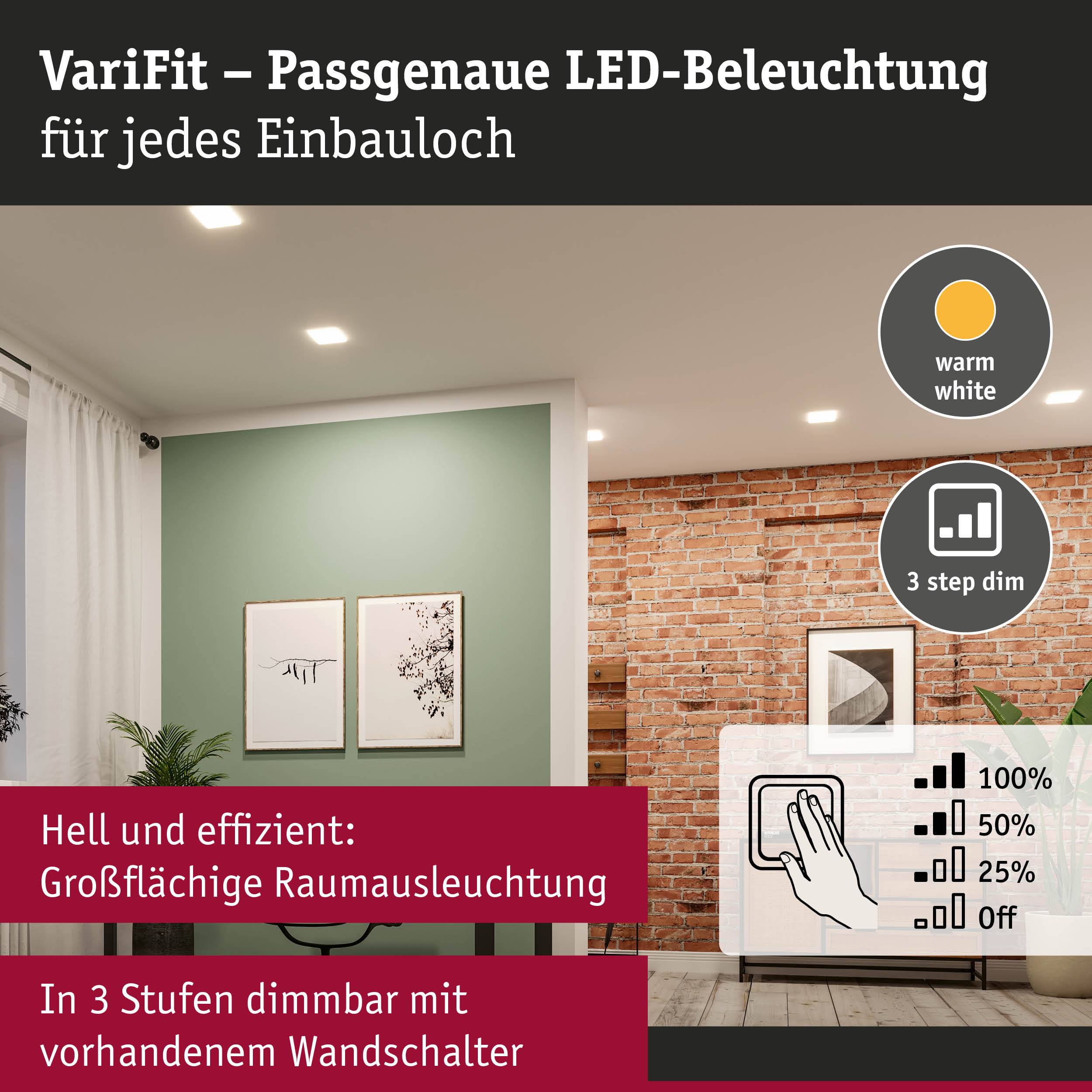 VariFit LED-Einbauleuchten in warmweiß mit 3-stufiger Dimmfunktion für effiziente Raumbeleuchtung