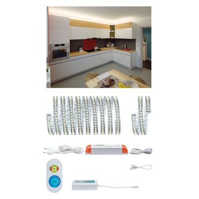 Bande LED blanc chaud avec télécommande et alimentation, idéale pour éclairage cuisine et salon.