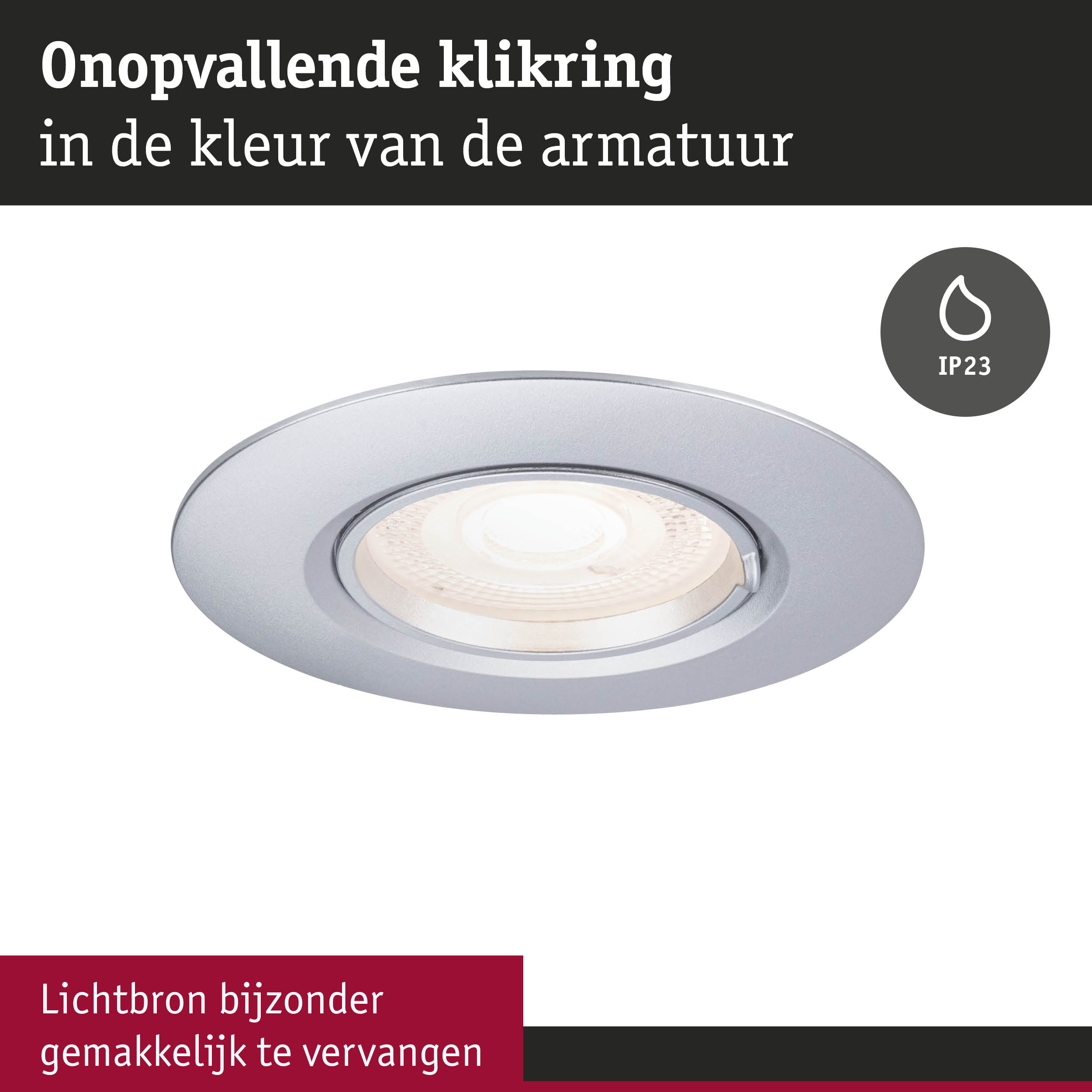Ronde zilveren inbouwspot met IP23-bescherming voor vochtige ruimtes en eenvoudige vervanging van lichtbron
